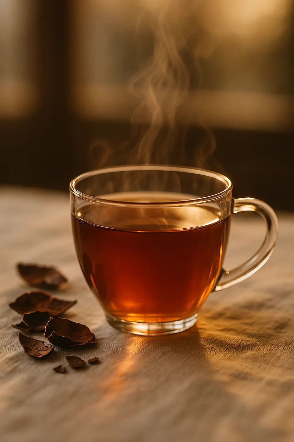 Tasse de verre remplie de liqueur de cosses de cacao ambre-cuivre translucide, cosses mates en premier plan, lumière du soir.