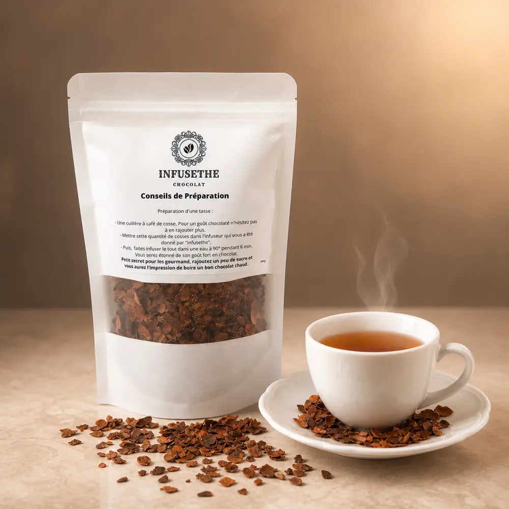 Sachet INFUSETHE debout, étiquette réelle visible, fenêtre laissant voir les cosses de cacao.